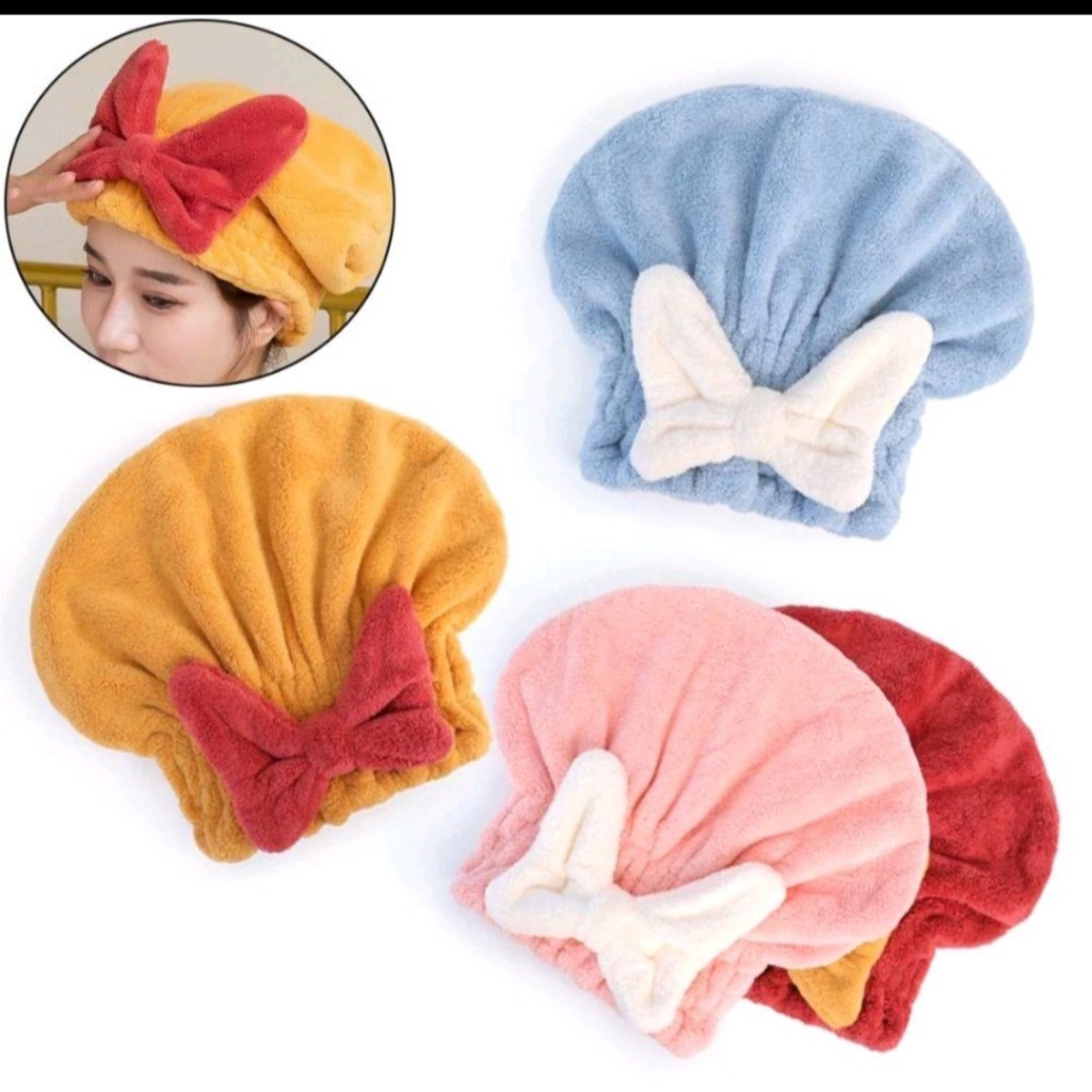 Mũ Quấn Tóc Khô, Khăn Trùm Đầu Thấm Hút Nước Nhanh Hình Nơ Siêu Cute
