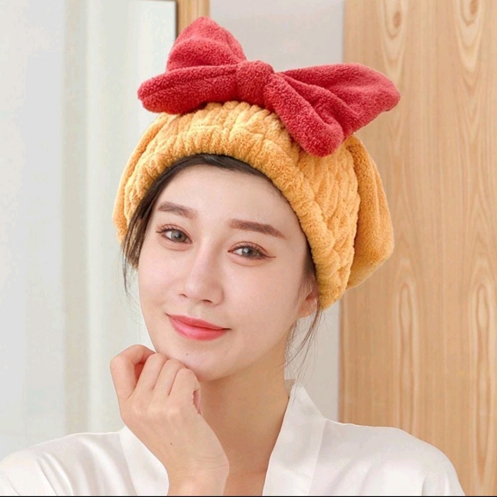 Mũ Quấn Tóc Khô, Khăn Trùm Đầu Thấm Hút Nước Nhanh Hình Nơ Siêu Cute