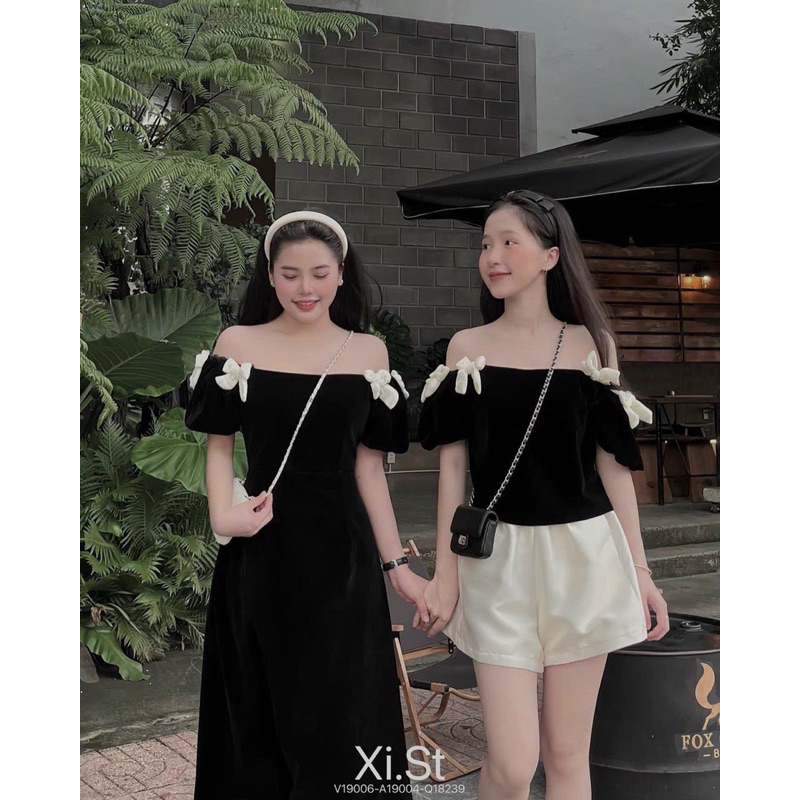 Đầm Nhung Bẹt Vai Đính Nơ Kem Hoặc Áo Nhung Bẹt Vai Đính Nơ Kem