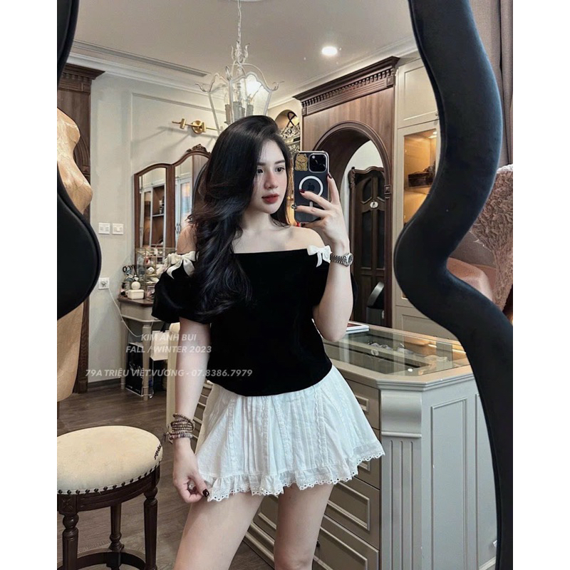 Đầm Nhung Bẹt Vai Đính Nơ Kem Hoặc Áo Nhung Bẹt Vai Đính Nơ Kem