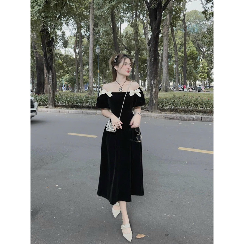 Đầm Nhung Bẹt Vai Đính Nơ Kem Hoặc Áo Nhung Bẹt Vai Đính Nơ Kem
