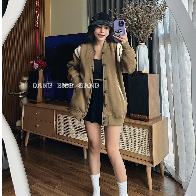 Bomber bóng chày màu nâu