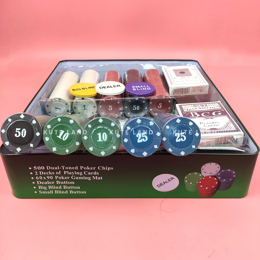 Bộ Phỉnh 500 Chip Poker có số 1,5,10,25,50 hộp sắt cao cấp kèm thảm Texas Hold'em Blackjack Full hộp PK8