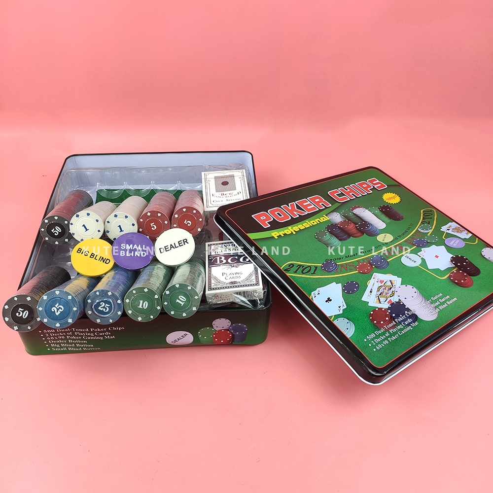 Bộ Phỉnh 500 Chip Poker có số 1,5,10,25,50 hộp sắt cao cấp kèm thảm Texas Hold'em Blackjack Full hộp PK8
