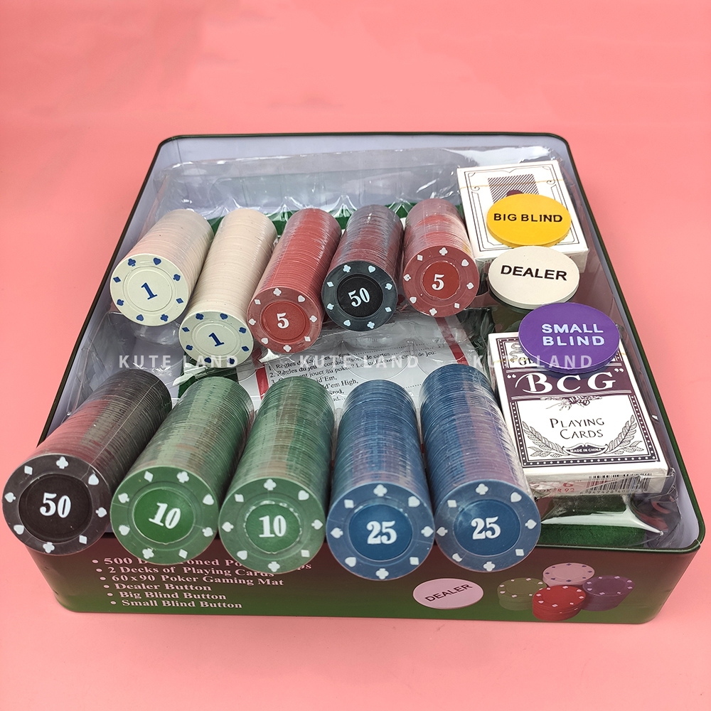 Bộ Phỉnh 500 Chip Poker có số 1,5,10,25,50 hộp sắt cao cấp kèm thảm Texas Hold'em Blackjack Full hộp PK8