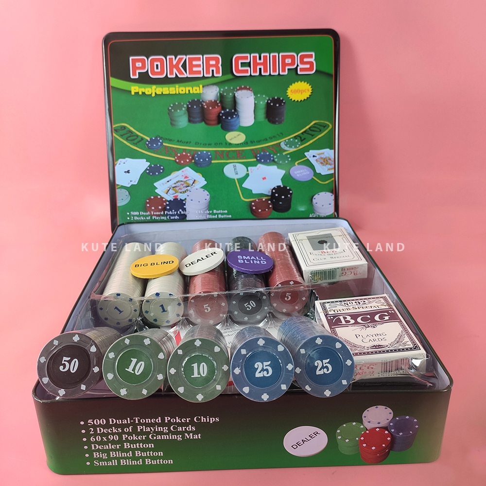Bộ Phỉnh 500 Chip Poker có số 1,5,10,25,50 hộp sắt cao cấp kèm thảm Texas Hold'em Blackjack Full hộp PK8