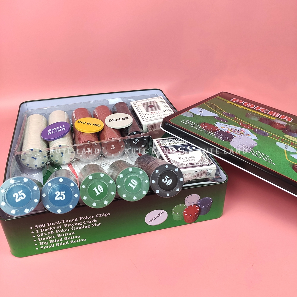 Bộ Phỉnh 500 Chip Poker có số 1,5,10,25,50 hộp sắt cao cấp kèm thảm Texas Hold'em Blackjack Full hộp PK8