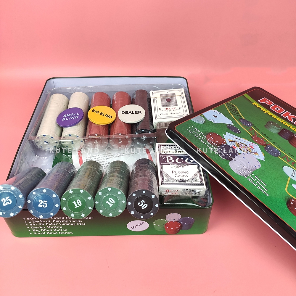 Bộ Phỉnh 500 Chip Poker có số 1,5,10,25,50 hộp sắt cao cấp kèm thảm Texas Hold'em Blackjack Full hộp PK8
