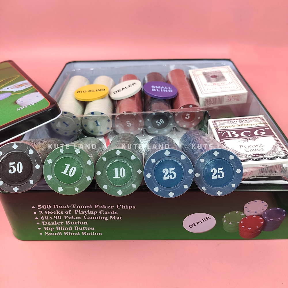 Bộ Phỉnh 500 Chip Poker có số 1,5,10,25,50 hộp sắt cao cấp kèm thảm Texas Hold'em Blackjack Full hộp PK8
