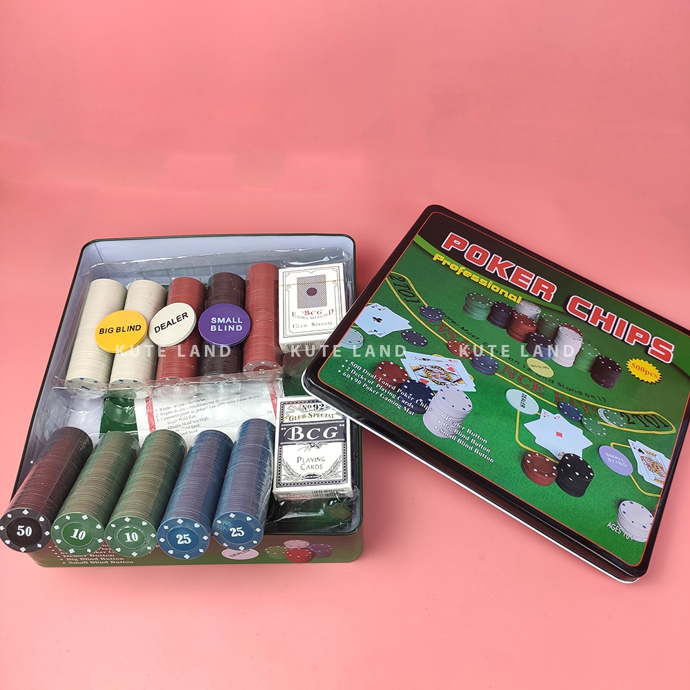 Bộ Phỉnh 500 Chip Poker có số 1,5,10,25,50 hộp sắt cao cấp kèm thảm Texas Hold'em Blackjack Full hộp PK8