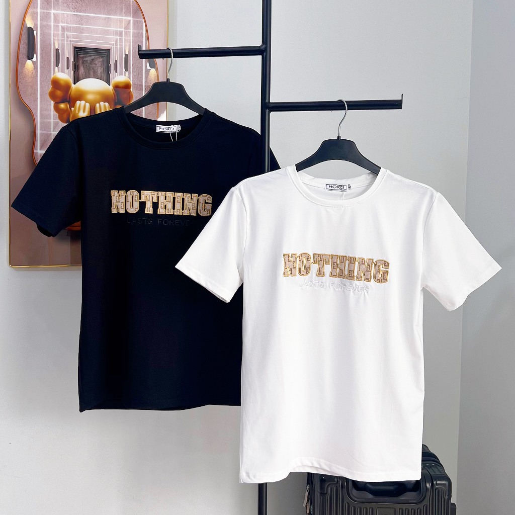 Áo thun cổ tròn thêu chữ LV và mẫu thêu hình gấu nam nữ mặc được chất thun cotton co dãn 4 chiều kiểu dáng trẻ trung