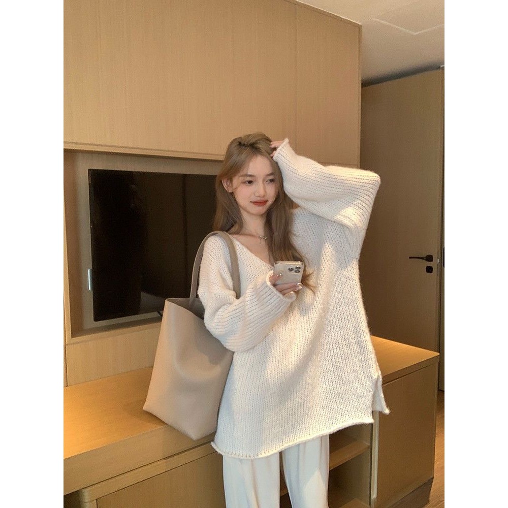 Áo Sweater dệt kim Yummy dài tay dáng rộng, Áo len dệt kim cổ chữ V phong cách Hàn Quốc