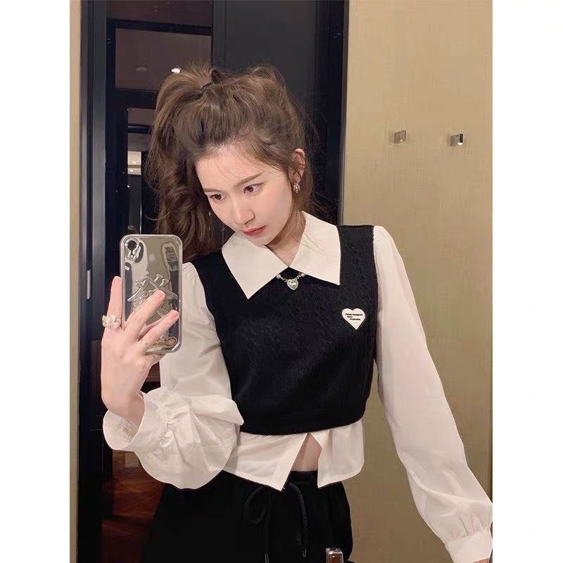 Áo sơ mi Croptop Ruby có phối ghi - lê, Áo sơ mi dài tay dáng ngắn phong cách học sinh Hàn Quốc