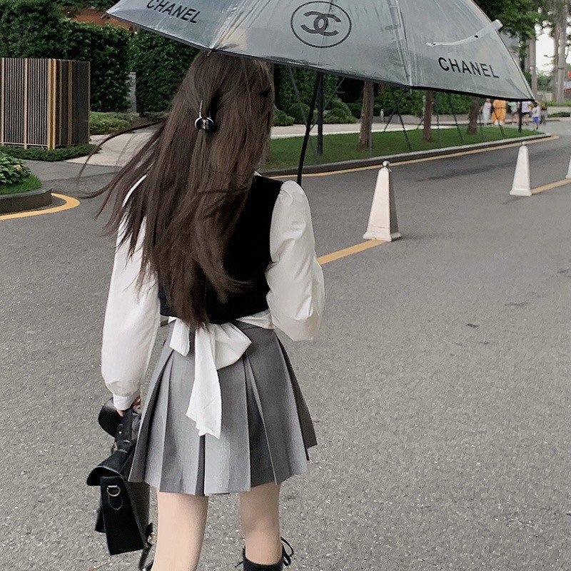 Áo sơ mi Croptop Ruby có phối ghi - lê, Áo sơ mi dài tay dáng ngắn phong cách học sinh Hàn Quốc