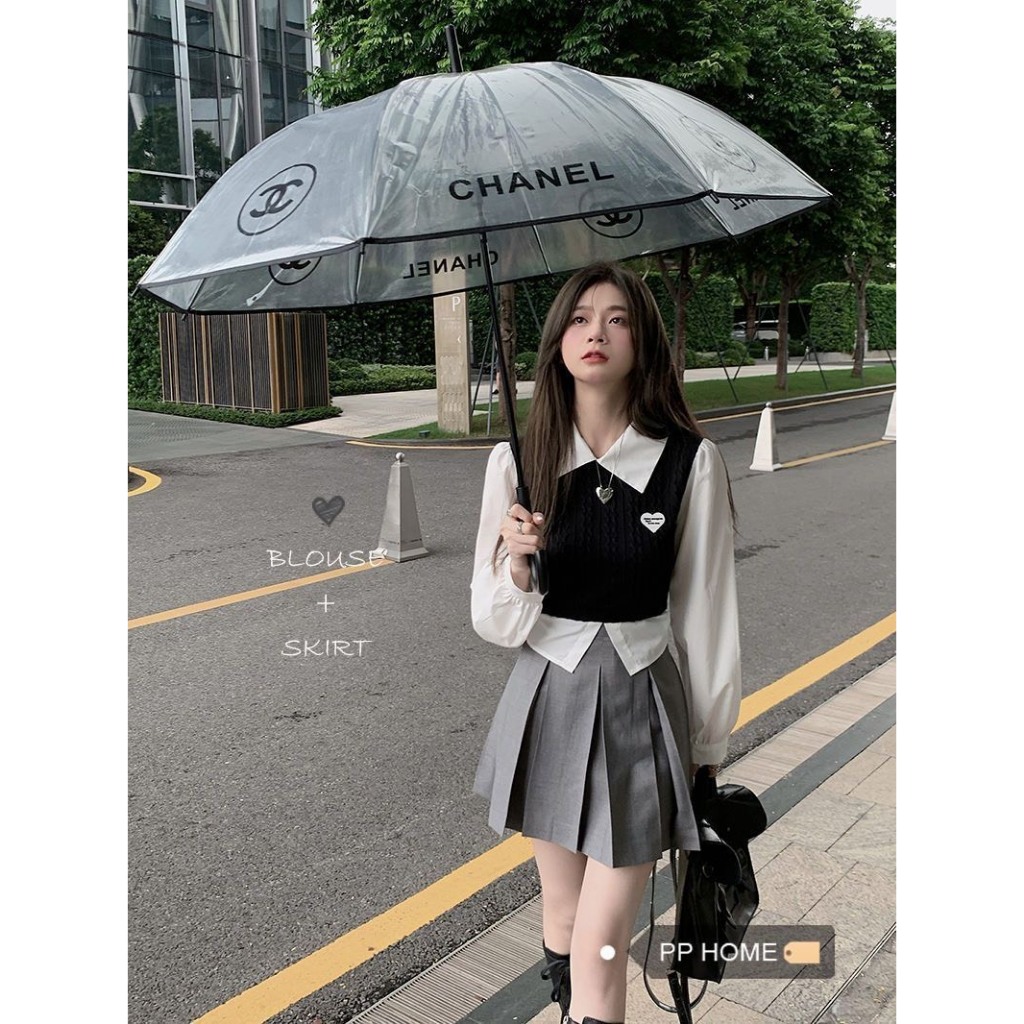 Áo sơ mi Croptop Ruby có phối ghi - lê, Áo sơ mi dài tay dáng ngắn phong cách học sinh Hàn Quốc