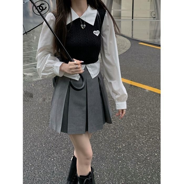 Áo sơ mi Croptop Ruby có phối ghi - lê, Áo sơ mi dài tay dáng ngắn phong cách học sinh Hàn Quốc