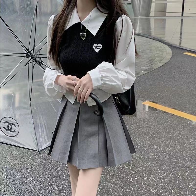 Áo sơ mi Croptop Ruby có phối ghi - lê, Áo sơ mi dài tay dáng ngắn phong cách học sinh Hàn Quốc