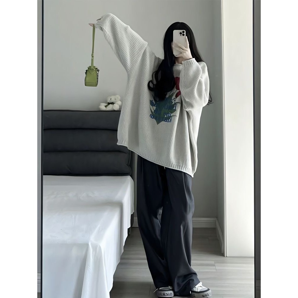Áo Len Dáng Rộng Ruby Có Hình Hoa, Áo Sweater Dệt Kim Dáng Giấu Quần Phong Cách Hàn Quốc