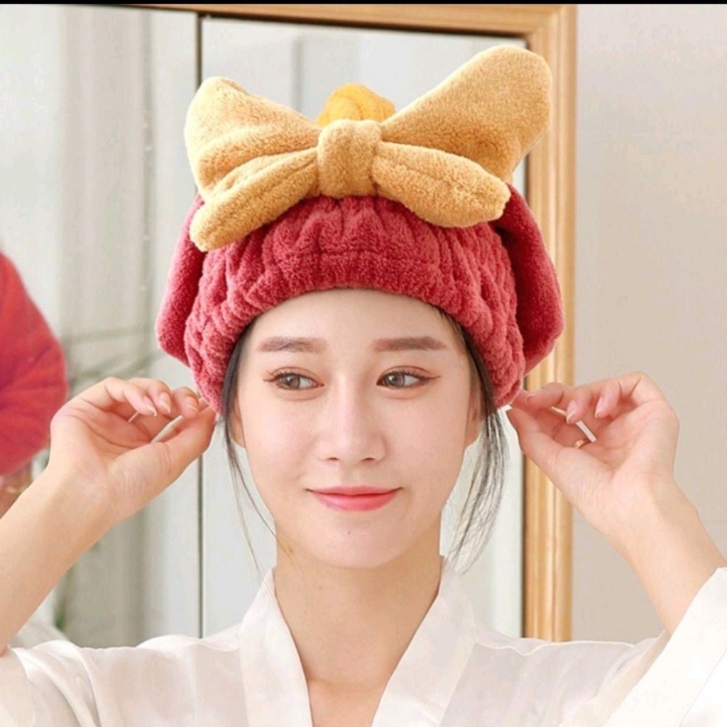 Mũ Quấn Tóc Khô, Khăn Trùm Đầu Thấm Hút Nước Nhanh Hình Nơ Siêu Cute