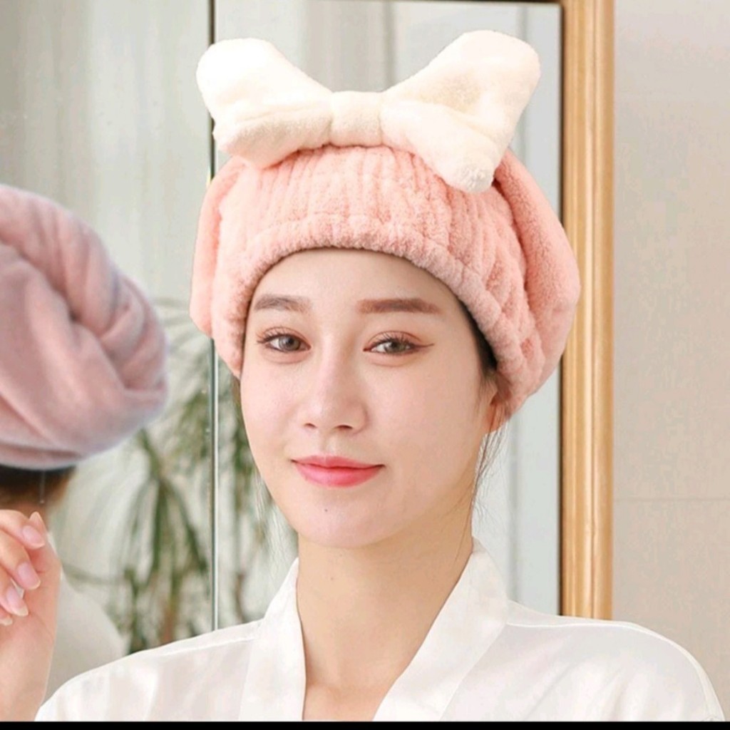 Mũ Quấn Tóc Khô, Khăn Trùm Đầu Thấm Hút Nước Nhanh Hình Nơ Siêu Cute