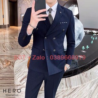 Bộ Vest Nam Hàn Quốc 6 Cúc Kẻ Sọc, Suit Nam 6 Cúc Chất Vải Sịn, Fom Ôm Đẹp, Quần Có Tăng Chỉnh Vòng Bụng.