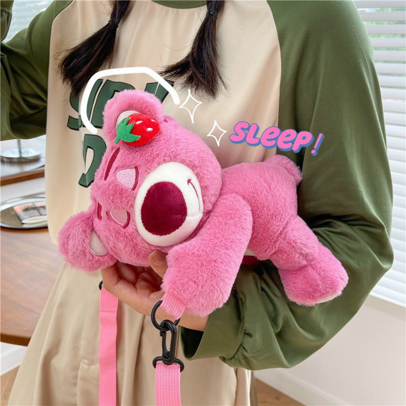 Túi đeo chéo hoạ tiết gấu dâu hồng   size 25 cm dễ thương