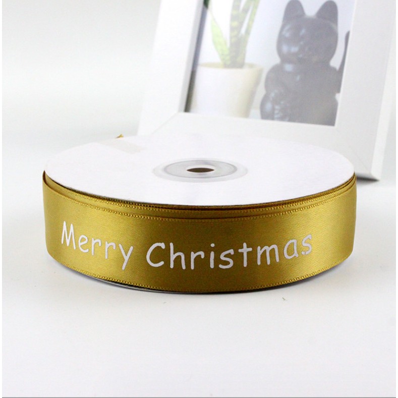 Cuộn 5 Mét Dây Ruy Băng RB61 Chữ Merry Vàng Bản Rộng 4cm Trang Trí Cây Thông Giáng Sinh