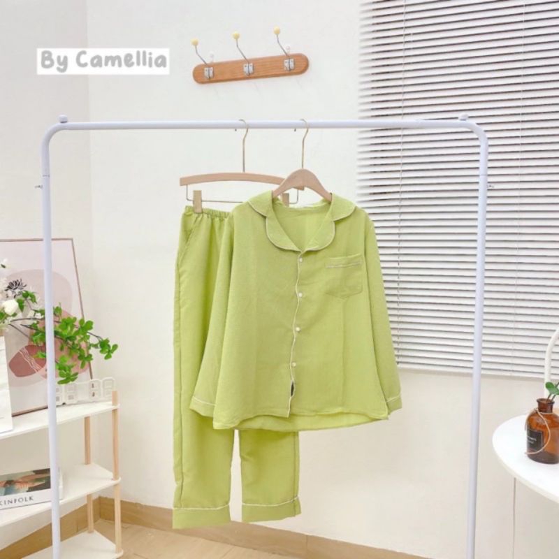 sét bộ pyjama xốp cổ vét tay dài quần dài.