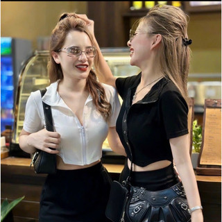  Áo croptop tay ngắn cổ trụ kèm khoá kéo fom ngắn trên rún 