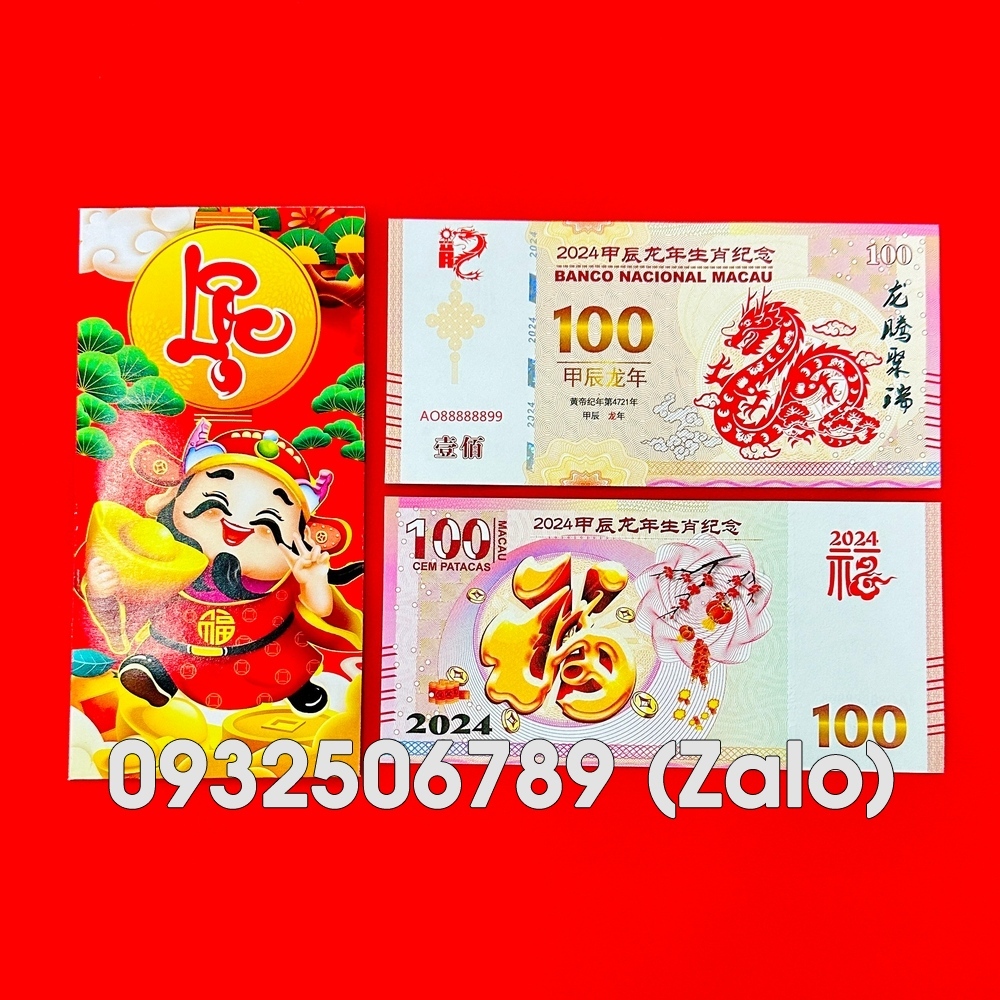 Tiền Lưu Niệm Con Rồng Macao 100 Patacas - Lì Xì May Mắn Mừng Tết 2024 - tặng bao lì xì