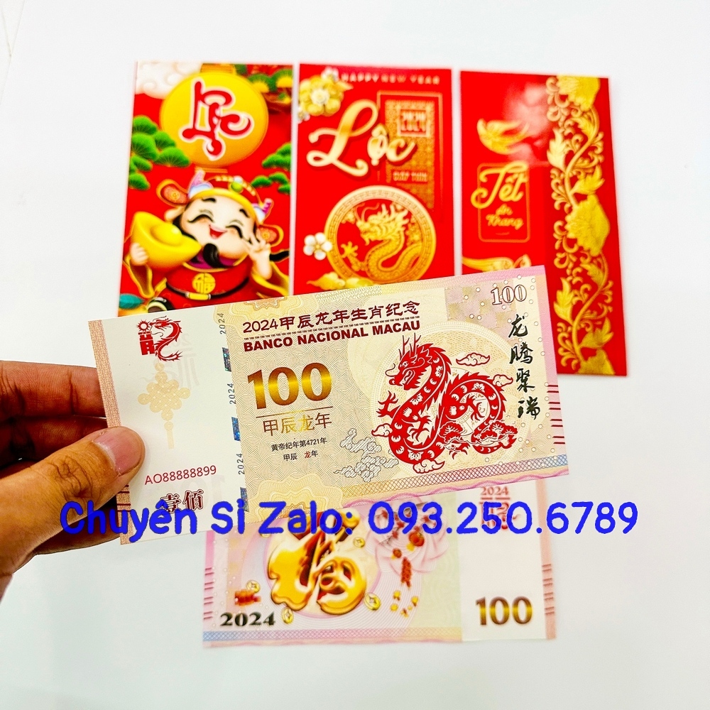 Tiền Lưu Niệm Con Rồng Macao 100 Patacas - Lì Xì May Mắn Mừng Tết 2024 - tặng bao lì xì
