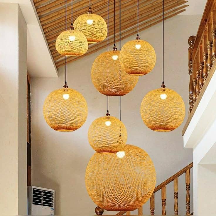 Đèn mây tre đan thả trần hình đám mây, Trang trí nhà cửa, nhà hàng, quán cà phê