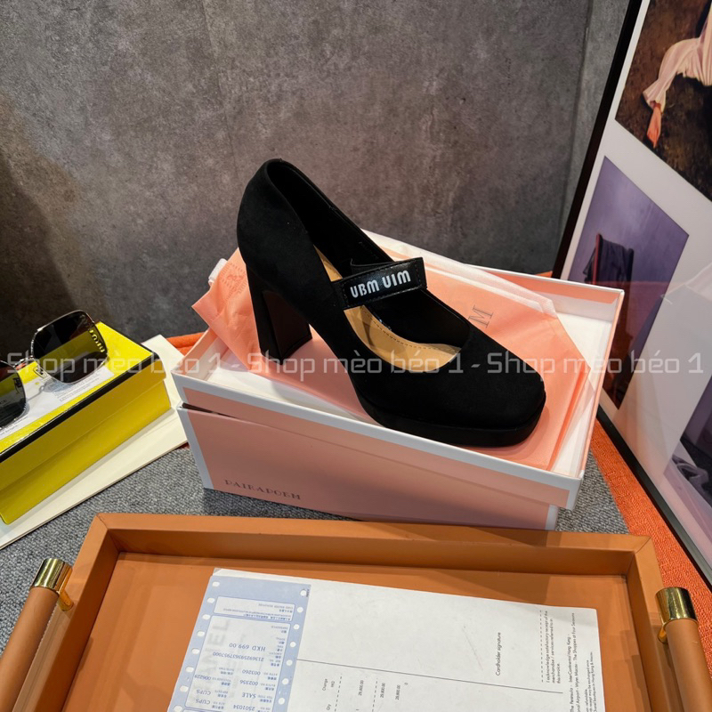 Giày cao gót miu mũi vuông đế đúp quai ngang gót trụ fullbox hàng quảng châu cao cấp