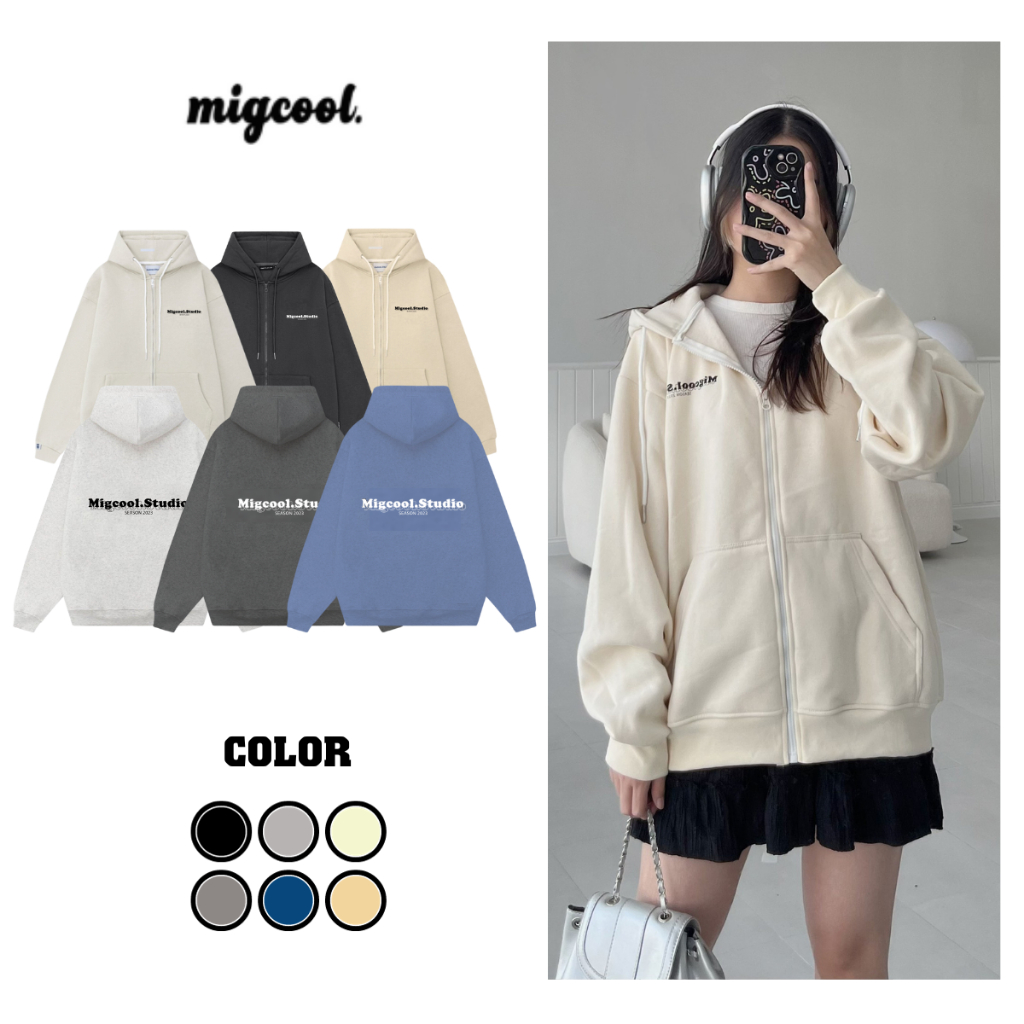 Áo Hoodie Zip Migcool, áo khoác nỉ nam nữ dây kéo forrm rộng Unisex Basic