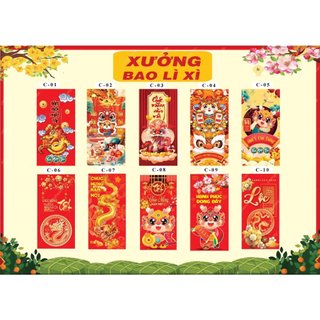 Xấp 10 bao lì xì đỏ hàng độc GIÁP THÌN 2024 đủ mẫu, bao lì xì tết
