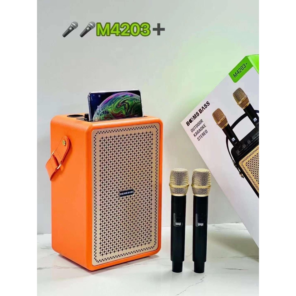 Loa Karaoke Bluetooth Booms Bass M4203+ Phiên Bản Mới Nhất, Bass Mạnh, Kèm 2 Micro Không Dây Bảo Hành 12 Tháng
