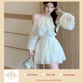 Set áo hở vai + chân váy xòe 2 tầng dài tay HH74