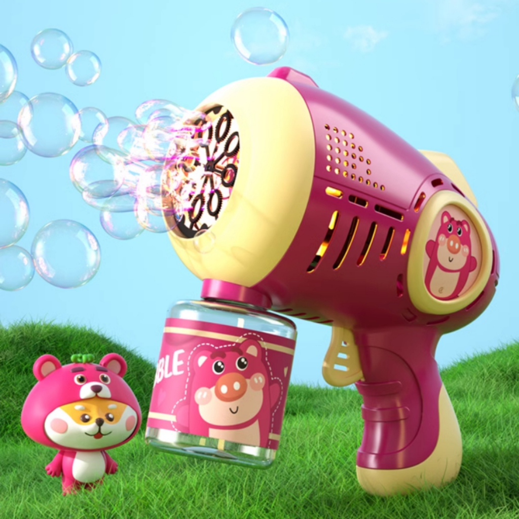 ( Đồ Chơi ) Súng bắn bong bóng tự động hình gấu dâu Lotso siêu dễ thương 8 lòng kèm xà phòng an toàn cho bé
