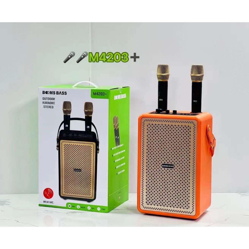 Loa Karaoke Bluetooth Booms Bass M4203+ Phiên Bản Mới Nhất, Bass Mạnh, Kèm 2 Micro Không Dây Bảo Hành 12 Tháng