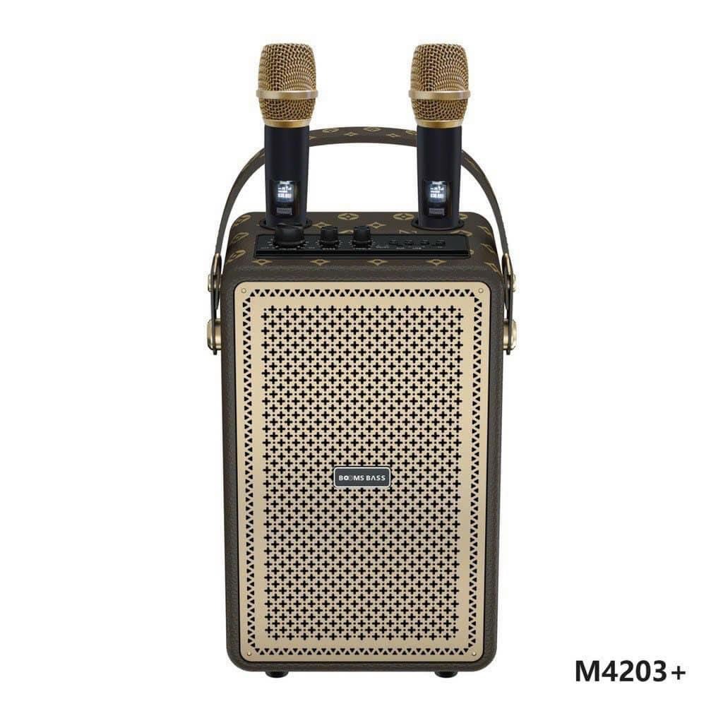 Loa Karaoke Bluetooth Booms Bass M4203+ Phiên Bản Mới Nhất, Bass Mạnh, Kèm 2 Micro Không Dây Bảo Hành 12 Tháng