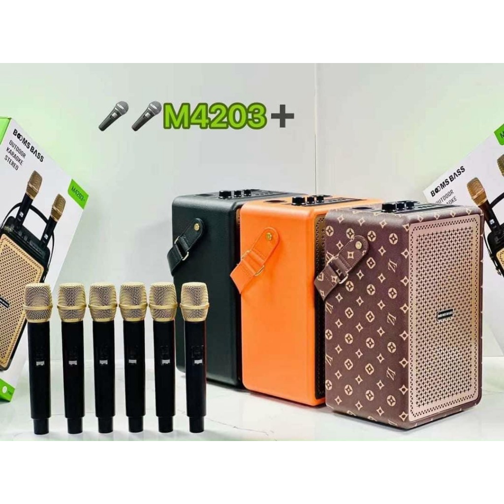 Loa Karaoke Bluetooth Booms Bass M4203+ Phiên Bản Mới Nhất, Bass Mạnh, Kèm 2 Micro Không Dây Bảo Hành 12 Tháng