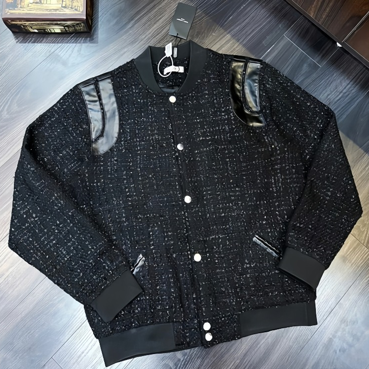 Áo Khoác Bomber Dạ Nhũ Kim Tuyến Phối Vai Da 2 Lớp, Áo Khoác Nam Nữ Mặc Đôi