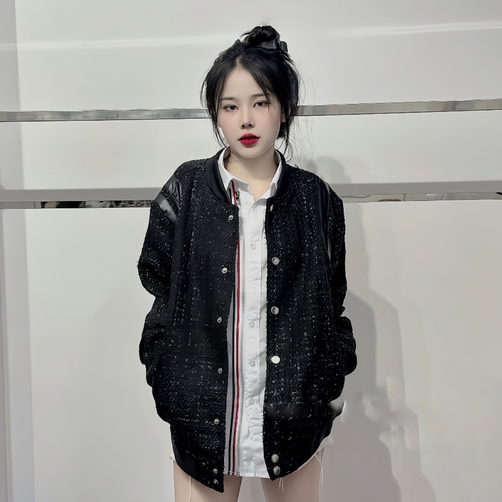 Áo Khoác Bomber Dạ Nhũ Kim Tuyến Phối Vai Da 2 Lớp, Áo Khoác Nam Nữ Mặc Đôi