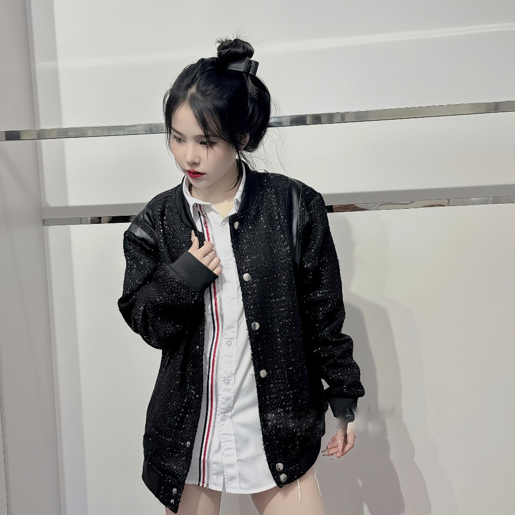 Áo Khoác Bomber Dạ Nhũ Kim Tuyến Phối Vai Da 2 Lớp, Áo Khoác Nam Nữ Mặc Đôi