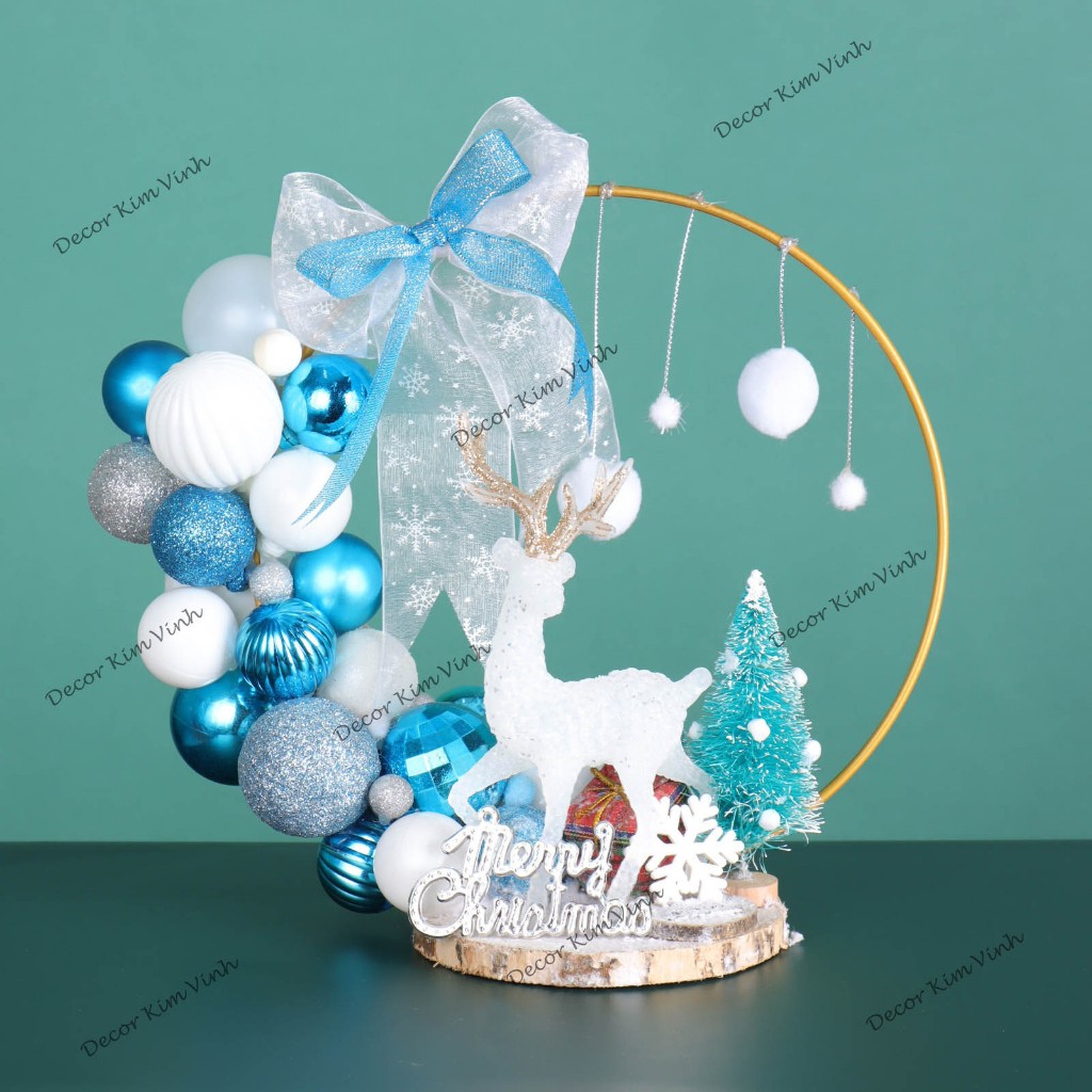 Tiểu Cảnh Vòng Tròn Xanh Đế Gỗ Noel Trang Trí Noel Giáng Sinh KÈM ĐÈN