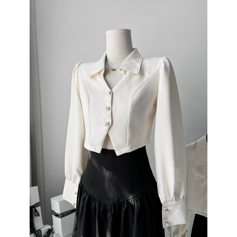 Set Áo Sơ Mi Dài Tay Cúc Ngọc Phối Chân Váy Kaki Dáng Dài Xoè Phong Cách Lịch Sự Sang Trọng