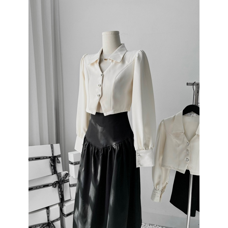 Set Áo Sơ Mi Dài Tay Cúc Ngọc Phối Chân Váy Kaki Dáng Dài Xoè Phong Cách Lịch Sự Sang Trọng