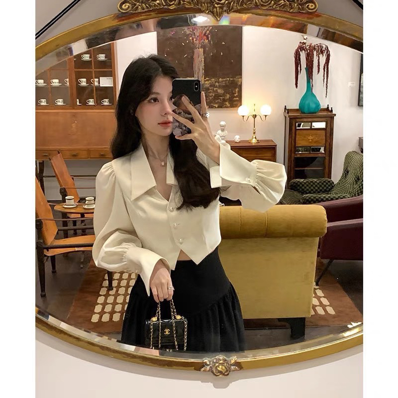 Set Áo Sơ Mi Dài Tay Cúc Ngọc Phối Chân Váy Kaki Dáng Dài Xoè Phong Cách Lịch Sự Sang Trọng