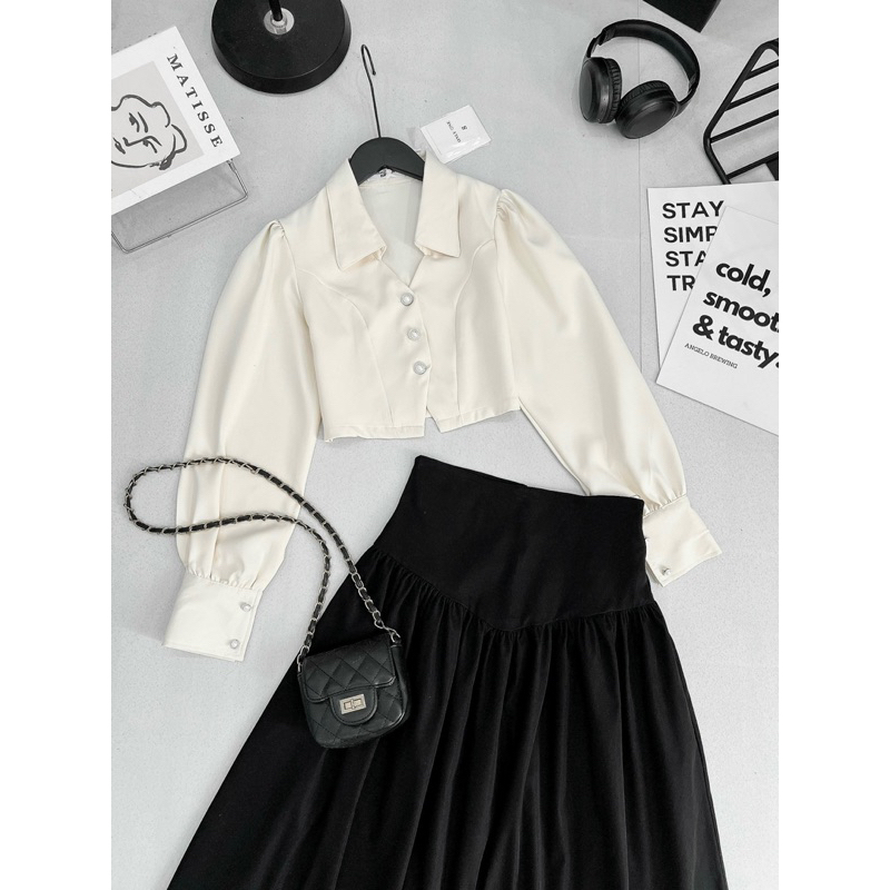 Set Áo Sơ Mi Dài Tay Cúc Ngọc Phối Chân Váy Kaki Dáng Dài Xoè Phong Cách Lịch Sự Sang Trọng