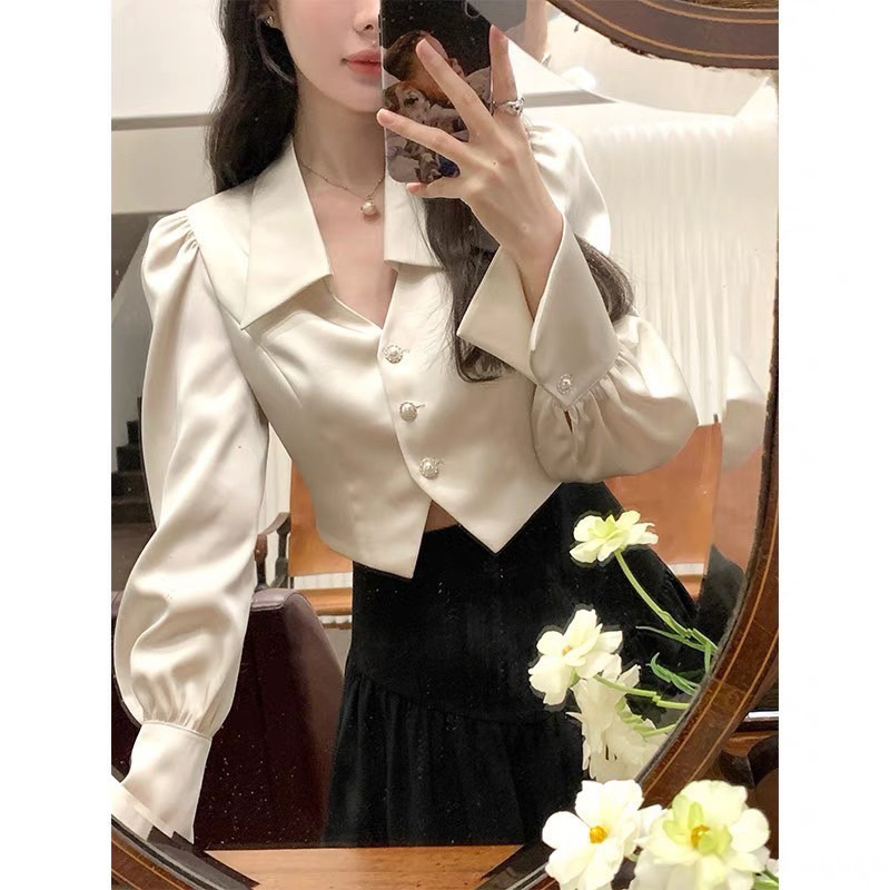 Set Áo Sơ Mi Dài Tay Cúc Ngọc Phối Chân Váy Kaki Dáng Dài Xoè Phong Cách Lịch Sự Sang Trọng